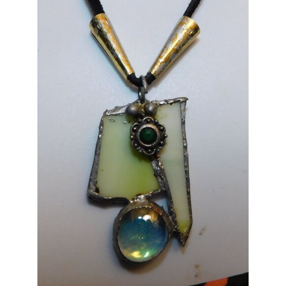 Handmade Abstract Green Stained Glass Pendant Necklace - Picture 4 of 6